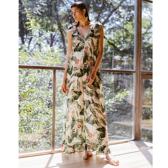 Adriana Degreas x Cult Gaia Tropical Print Crepe Maxi Dress in Green Medium